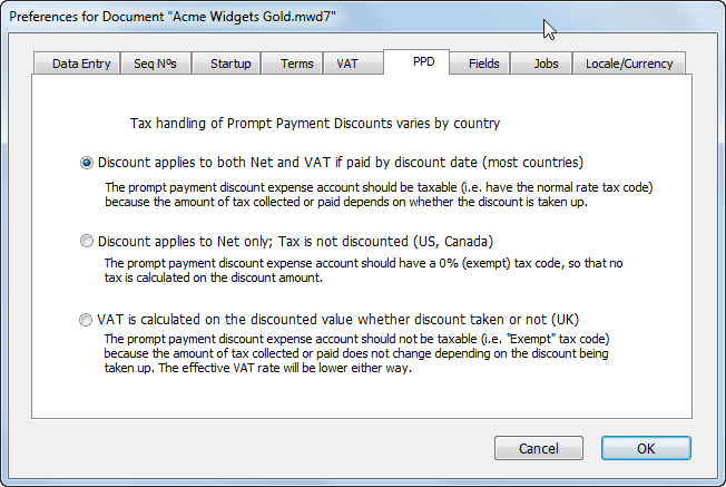MoneyWorks Prompt Payment Discount settings for UK after April 2015