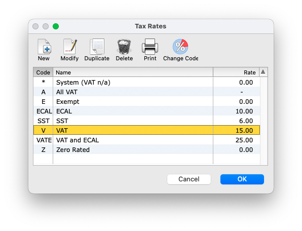 MoneyWorks tax list